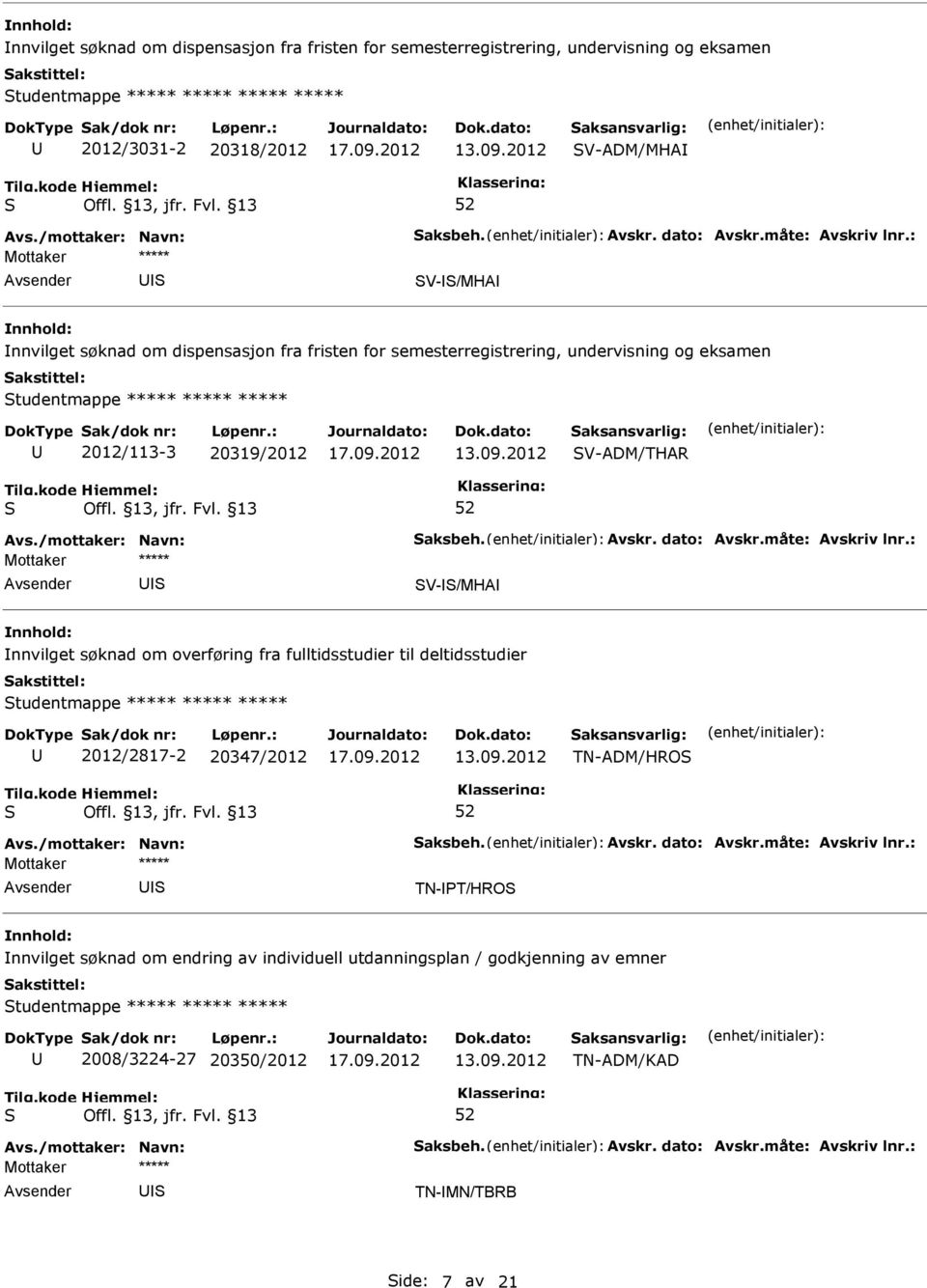 20319/2012 V-ADM/THAR V-/MHA nnvilget søknad om overføring fra fulltidsstudier til deltidsstudier tudentmappe ***** ***** ***** 2012/2817-2 20347/2012