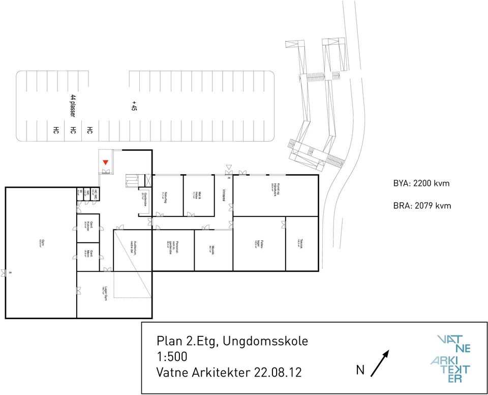 Kvinner 35,8 m² Teknisk 100,3 m² Felleslager 162,9 m² Musikk 89,7 m² Personalrom m.