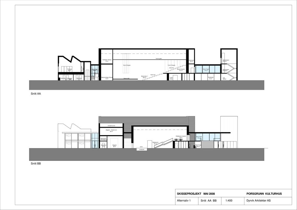 73 mý Scene h=600 Storsal plan 1 Lager 74 mý Garderobe 52 mý Kaf Kj kken Snitt AA t rrkj lere p tak Magasin - Teknisk rom 93 mý RC1 RC2 Lagermesanin materiallager etc