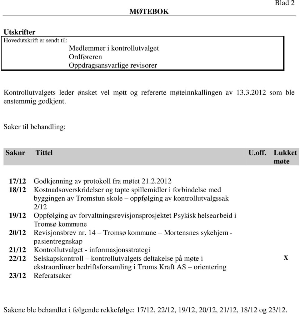 forbindelse med byggingen av Tromstun skole oppfølging av kontrollutvalgssak 2/12 19/12 Oppfølging av forvaltningsrevisjonsprosjektet Psykisk helsearbeid i Tromsø kommune 20/12 Revisjonsbrev nr.