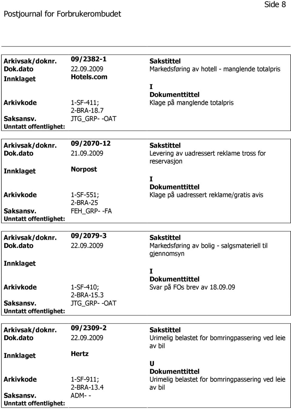 2070-12 Sakstittel Dok.dato 21.09.2009 Levering av uadressert reklame tross for reservasjon nnklaget Norpost 1-SF-551; 2-BRA-25 Klage på uadressert reklame/gratis avis FEH_GRP- -FA Arkivsak/doknr.