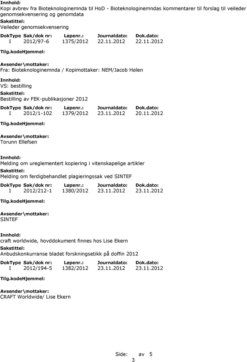 11.2012 20.11.2012 Torunn Ellefsen Melding om ureglementert kopiering i vitenskapelige artikler Melding om ferdigbehandlet plagieringssak ved SINTEF I 2012/212-1 1380/2012 23.