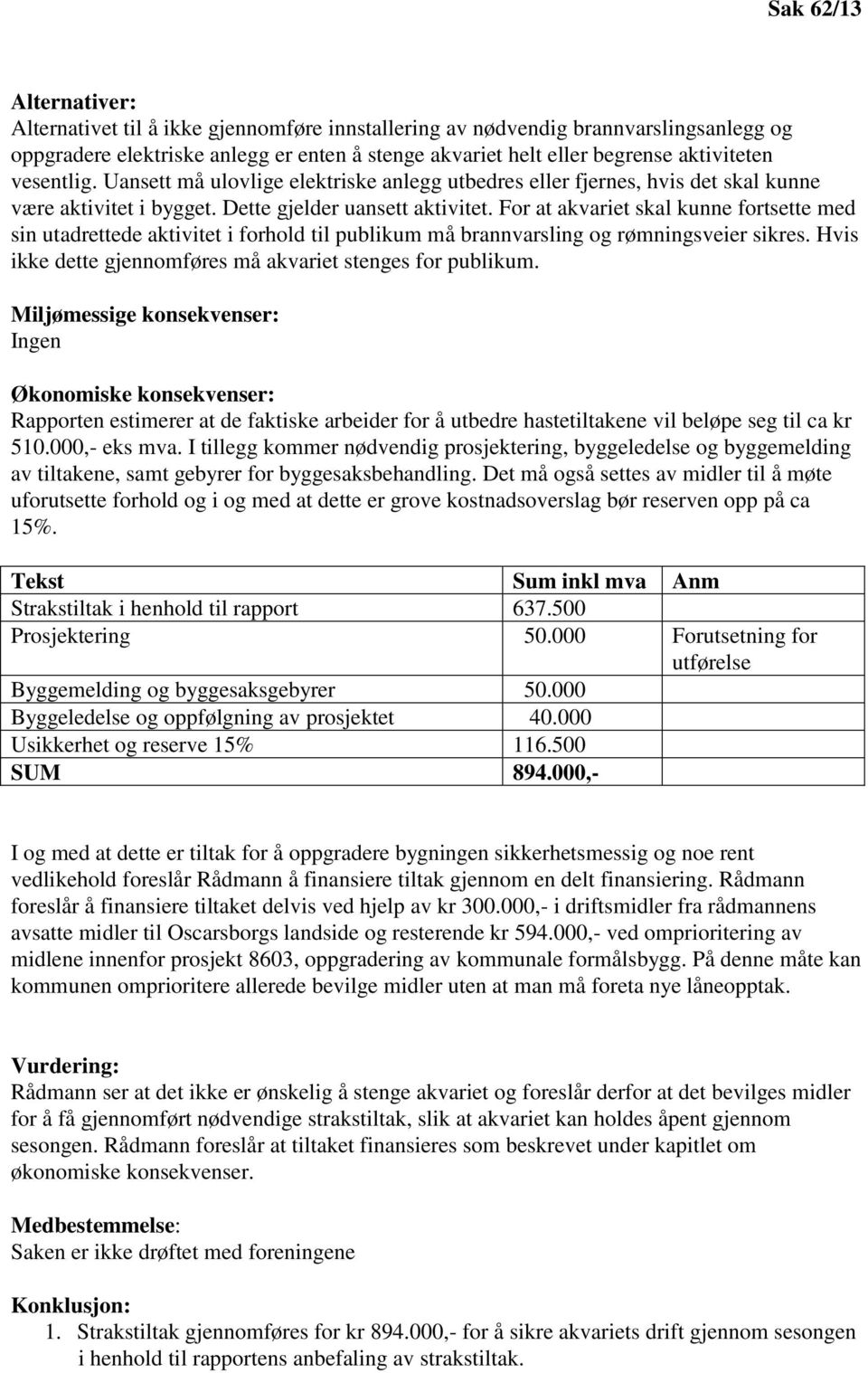 For at akvariet skal kunne fortsette med sin utadrettede aktivitet i forhold til publikum må brannvarsling og rømningsveier sikres. Hvis ikke dette gjennomføres må akvariet stenges for publikum.