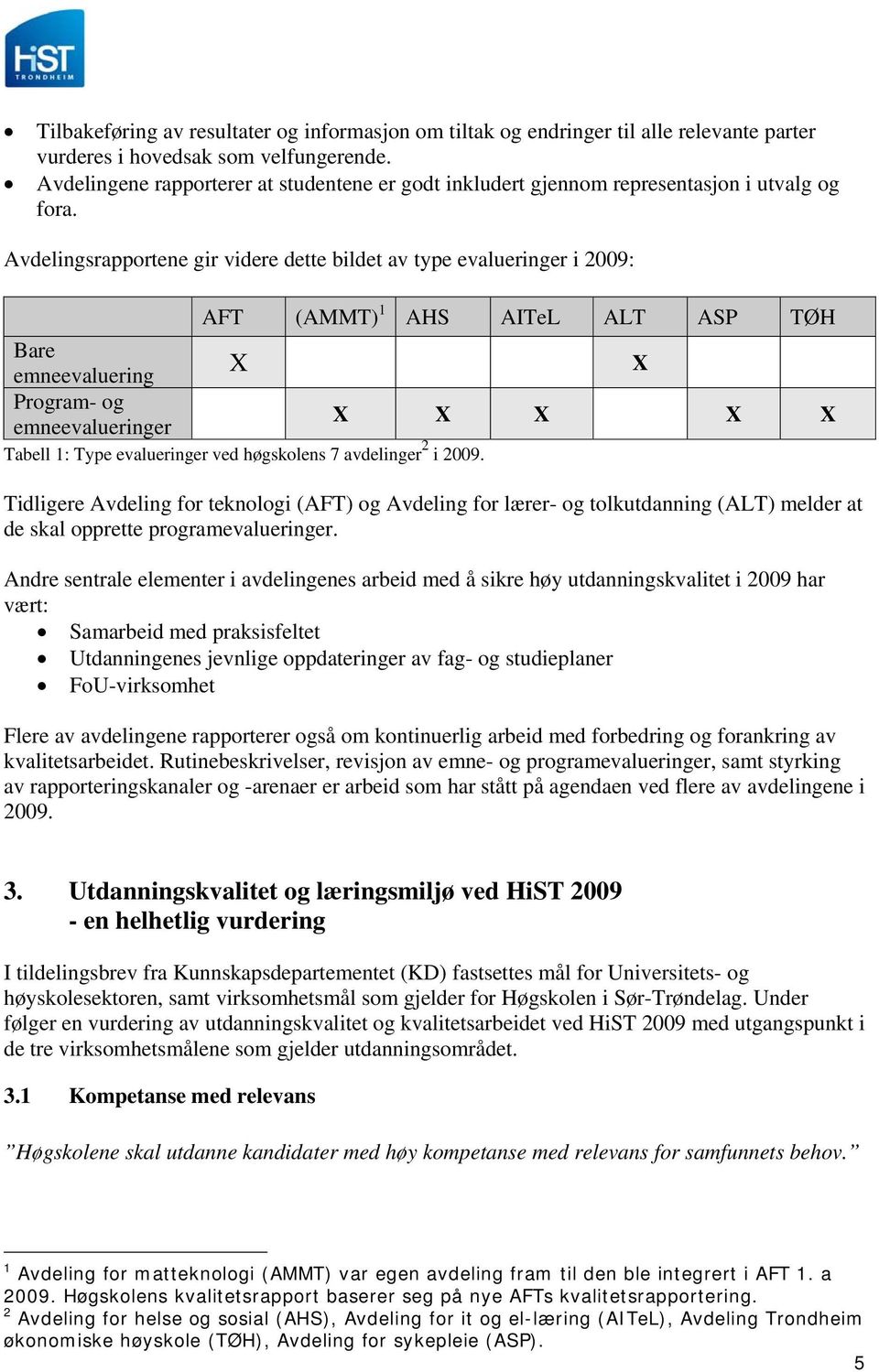 Avdelingsrapportene gir videre dette bildet av type evalueringer i 2009: AFT (AMMT) 1 AHS AITeL ALT ASP TØH Bare X X emneevaluering Program- og X X X X X emneevalueringer Tabell 1: Type evalueringer
