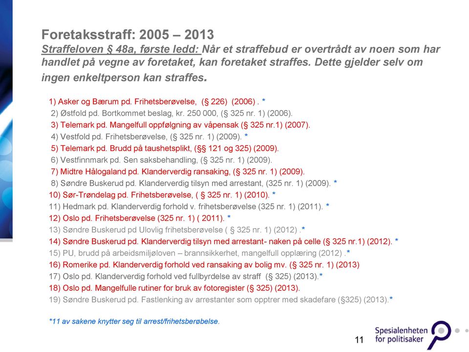 Mangelfull oppfølgning av våpensak ( 325 nr.1) (2007). 4) Vestfold pd. Frihetsberøvelse, ( 325 nr. 1) (2009). * 5) Telemark pd. Brudd på taushetsplikt, ( 121 og 325) (2009). 6) Vestfinnmark pd.