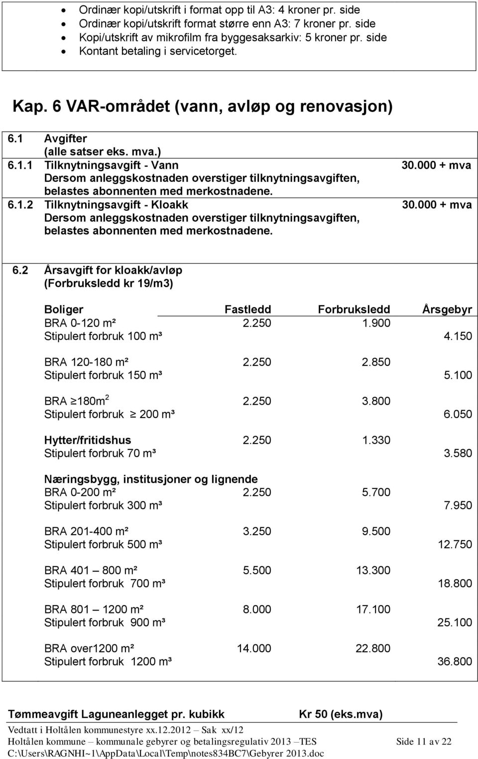 000 + mva Dersom anleggskostnaden overstiger tilknytningsavgiften, belastes abonnenten med merkostnadene. 6.1.2 Tilknytningsavgift - Kloakk 30.