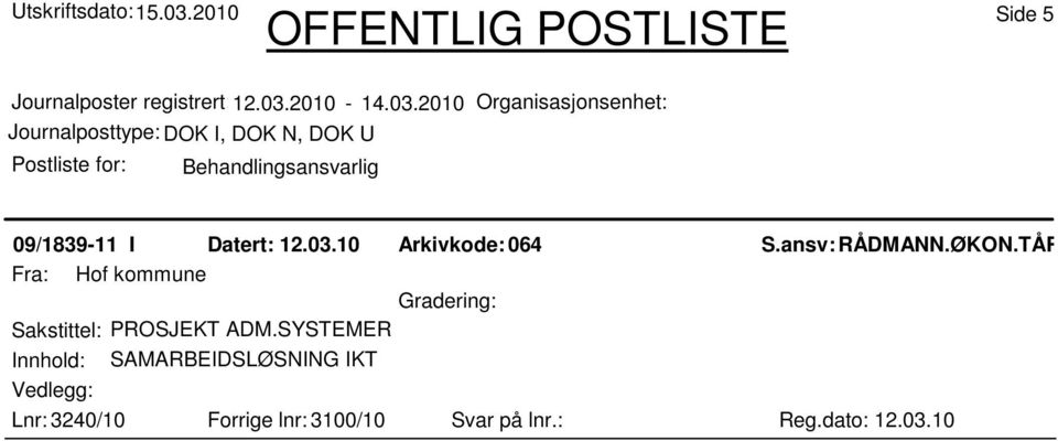 TÅR Fra: Hof kommune Sakstittel: PROSJEKT ADM.