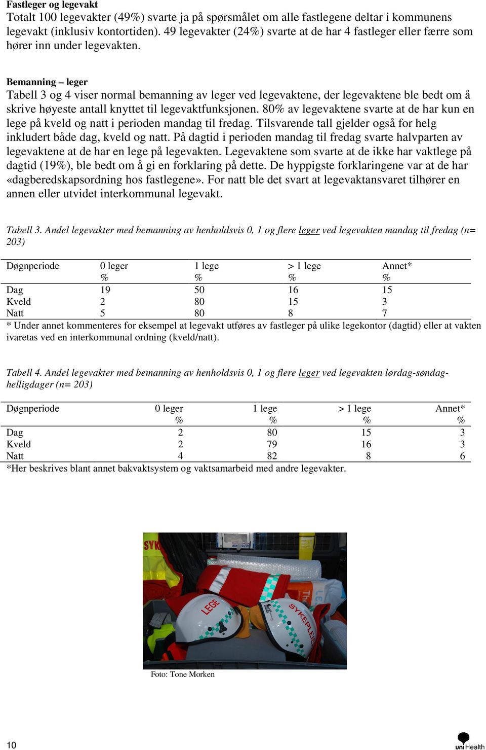 Bemanning leger Tabell 3 og 4 viser normal bemanning av leger ved legevaktene, der legevaktene ble bedt om å skrive høyeste antall knyttet til legevaktfunksjonen.