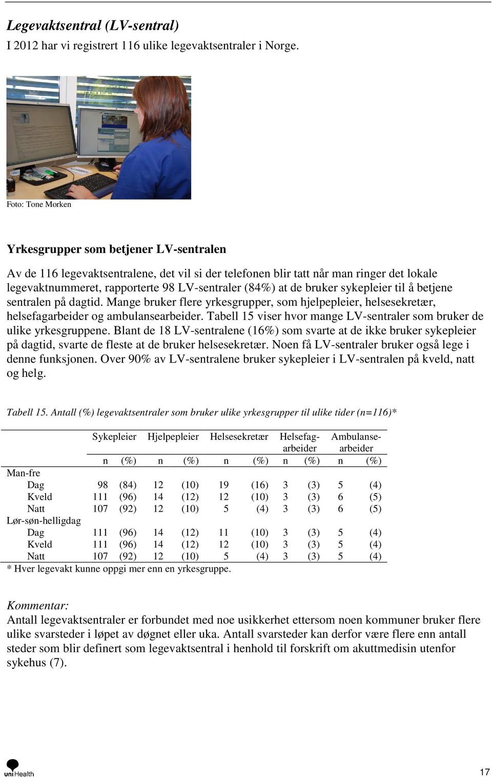 at de bruker sykepleier til å betjene sentralen på dagtid. Mange bruker flere yrkesgrupper, som hjelpepleier, helsesekretær, helsefagarbeider og ambulansearbeider.