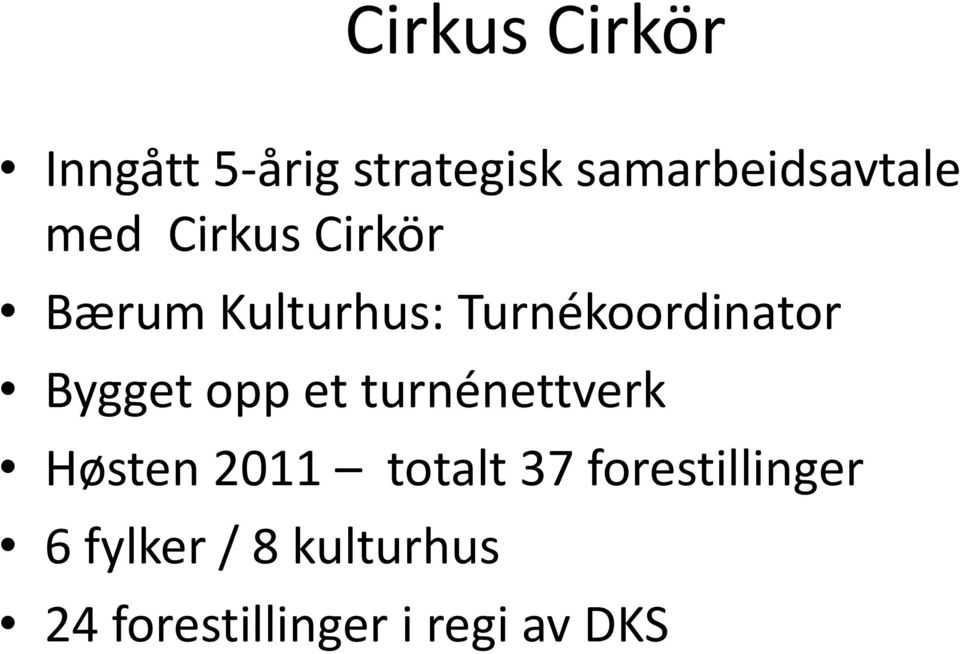 Bygget opp et turnénettverk Høsten 2011 totalt 37