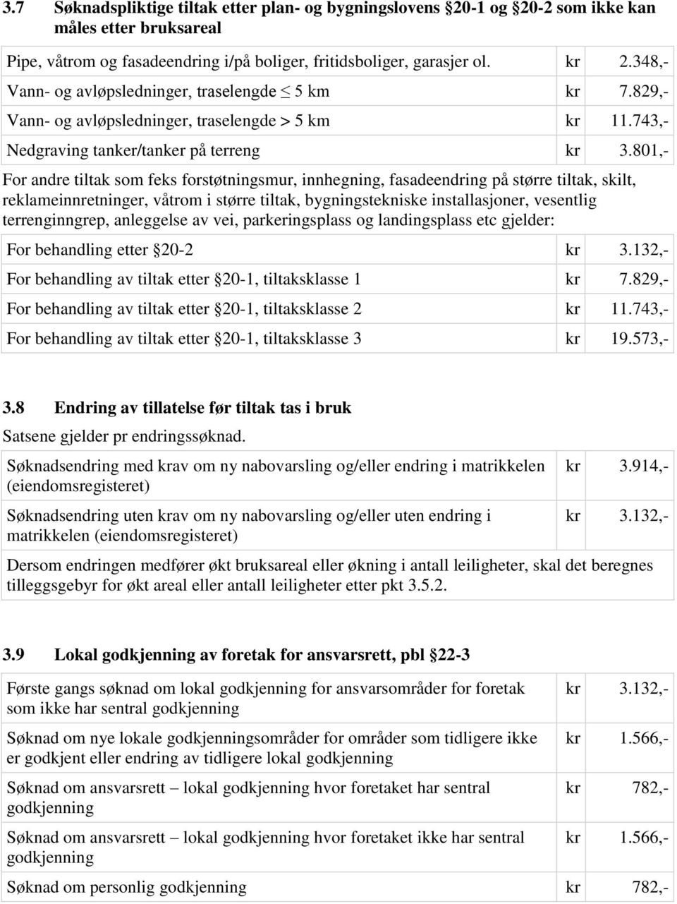 801,- For andre tiltak som feks forstøtningsmur, innhegning, fasadeendring på større tiltak, skilt, reklameinnretninger, våtrom i større tiltak, bygningstekniske installasjoner, vesentlig