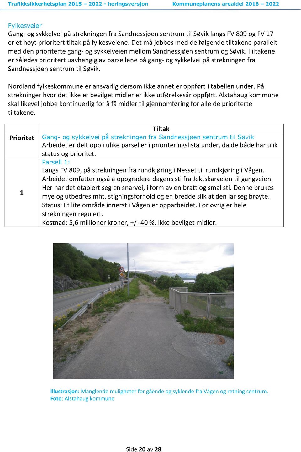 Tiltakene er således prioritert uavhengig av parsellene på gang- og sykkelvei på strekningen fra Sandnessjøen sentrum til Søvik.