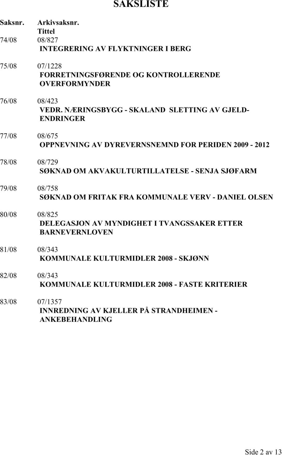 SJØFARM 79/08 08/758 SØKNAD OM FRITAK FRA KOMMUNALE VERV - DANIEL OLSEN 80/08 08/825 DELEGASJON AV MYNDIGHET I TVANGSSAKER ETTER BARNEVERNLOVEN 81/08 08/343 KOMMUNALE