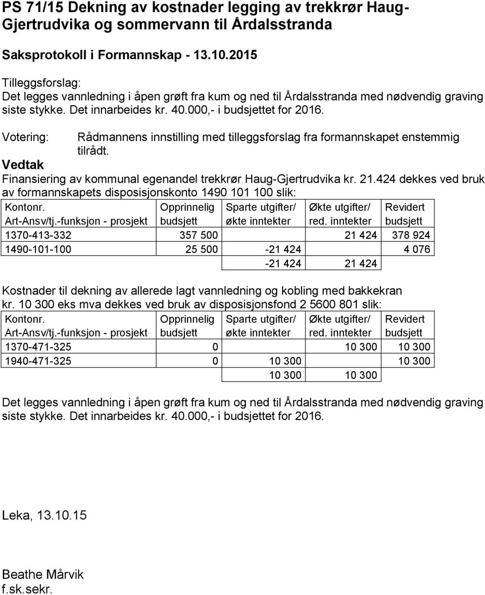 Finansiering av kommunal egenandel trekkrør Haug-Gjertrudvika kr. 21.424 dekkes ved bruk av formannskapets disposisjonskonto 1490 101 100 slik: Kontonr.