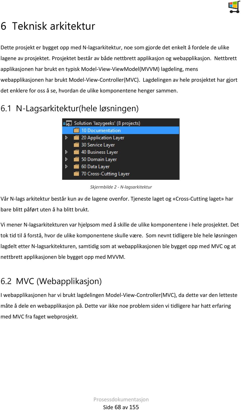 Nettbrett applikasjonen har brukt en typisk Model-View-ViewModel(MVVM) lagdeling, mens webapplikasjonen har brukt Model-View-Controller(MVC).