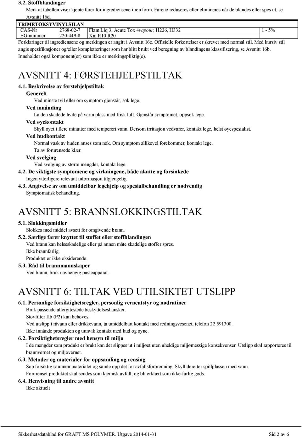 Offisielle forkortelser er skrevet med normal stil. Med kursiv stil angis spesifikasjoner og/eller kompletteringer som har blitt brukt ved beregning av blandingens klassifisering, se Avsnitt 16b.