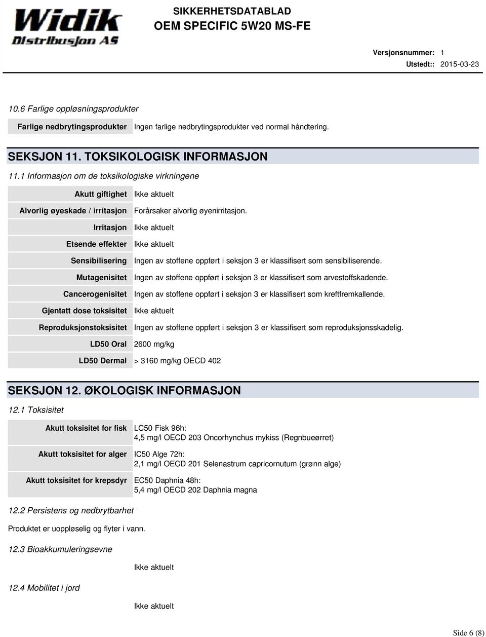 Reproduksjonstoksisitet LD50 Oral Forårsaker alvorlig øyenirritasjon. Ingen av stoffene oppført i seksjon 3 er klassifisert som sensibiliserende.