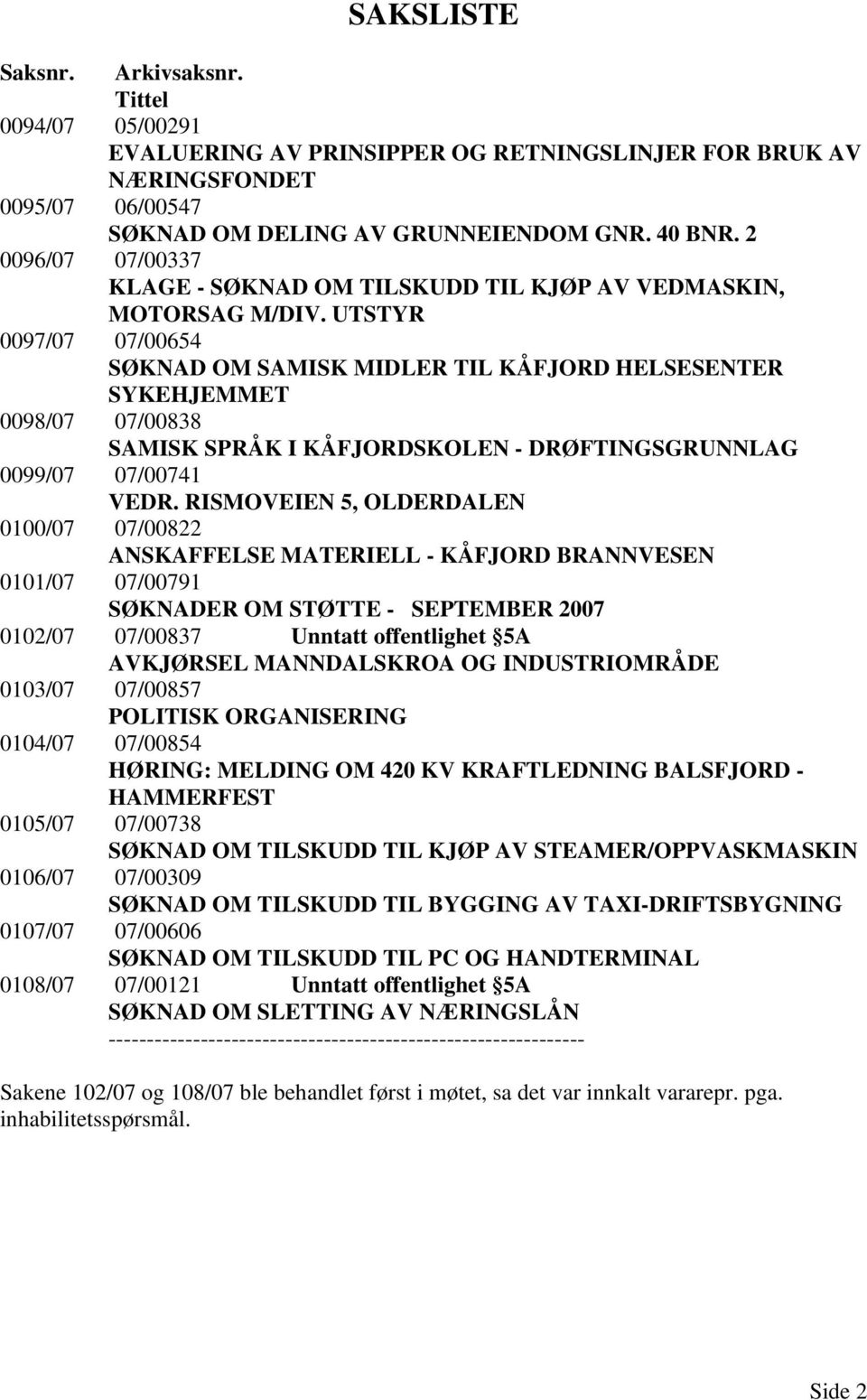 UTSTYR 0097/07 07/00654 SØKNAD OM SAMISK MIDLER TIL KÅFJORD HELSESENTER SYKEHJEMMET 0098/07 07/00838 SAMISK SPRÅK I KÅFJORDSKOLEN - DRØFTINGSGRUNNLAG 0099/07 07/00741 VEDR.