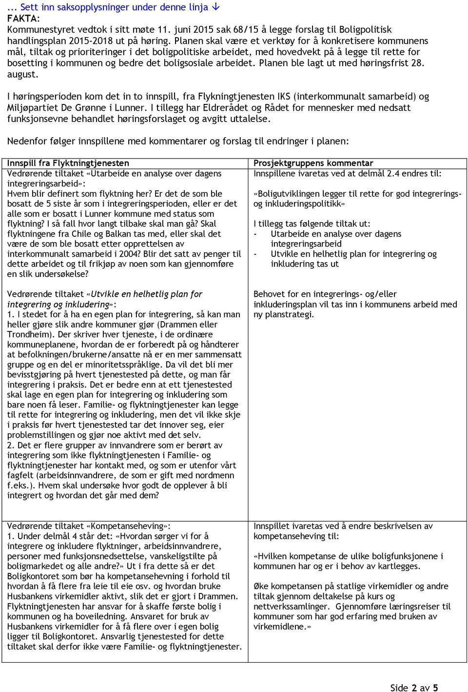 boligsosiale arbeidet. Planen ble lagt ut med høringsfrist 28. august.