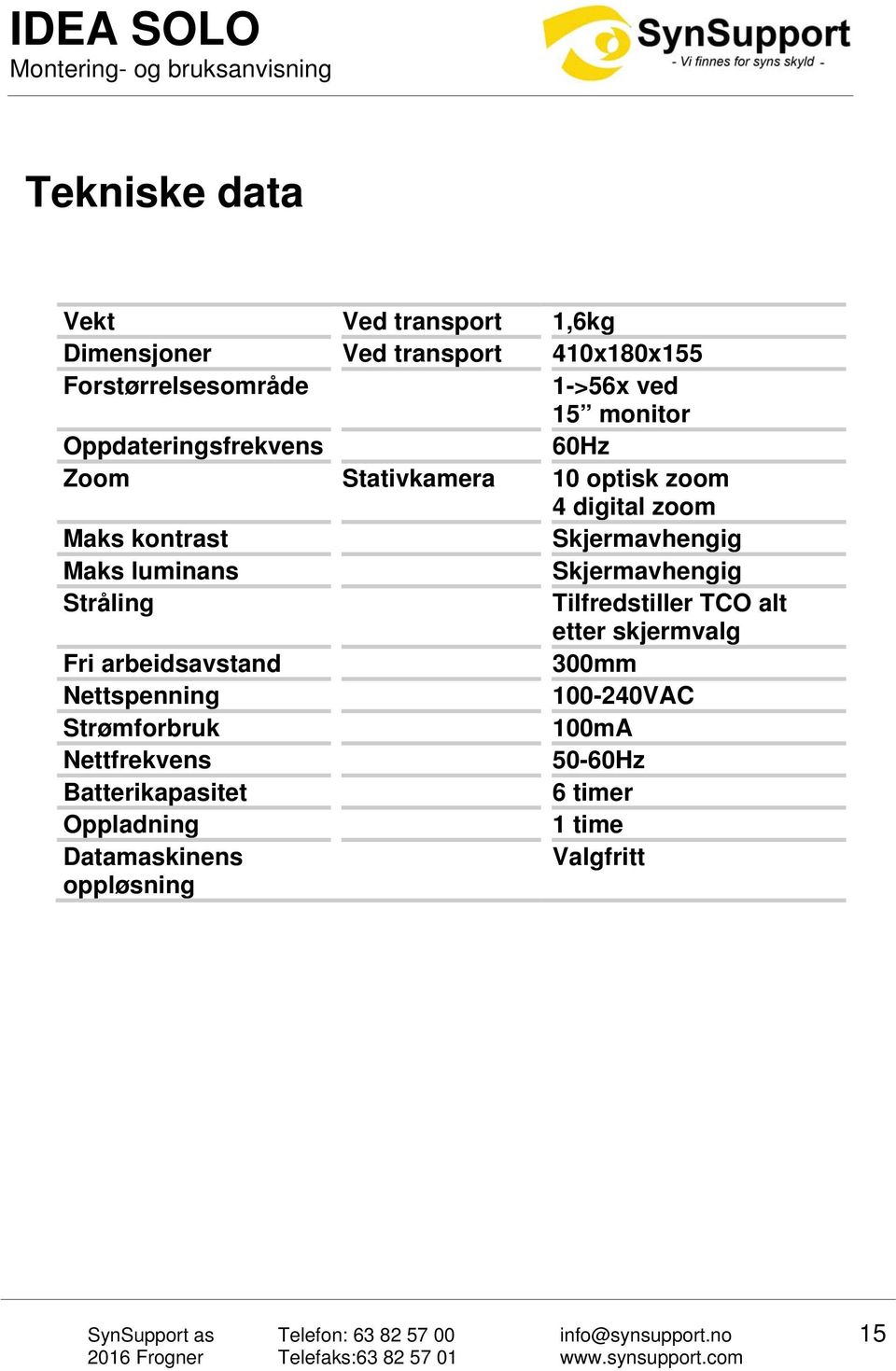 luminans Skjermavhengig Stråling Tilfredstiller TCO alt etter skjermvalg Fri arbeidsavstand 300mm Nettspenning