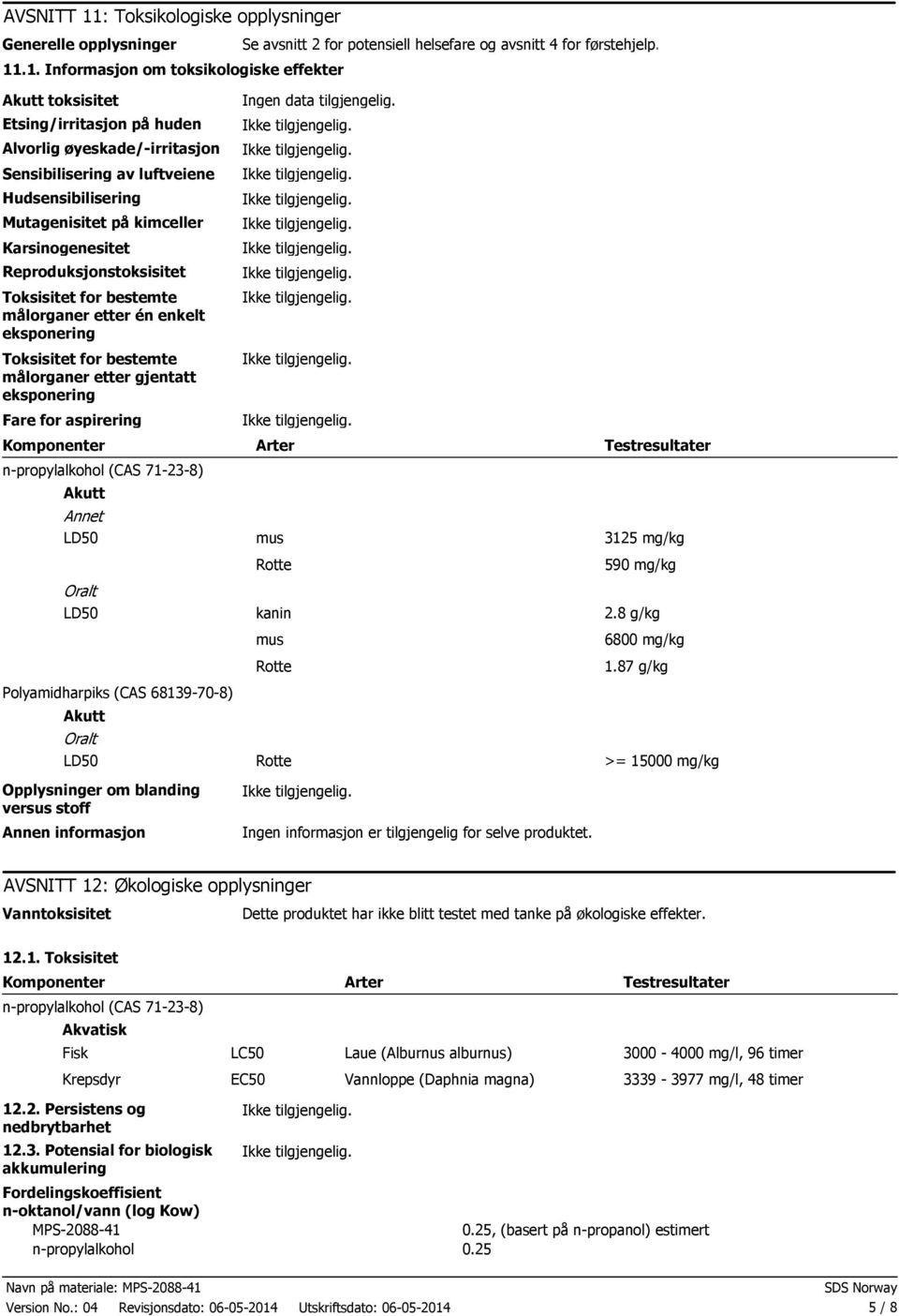 eksponering Toksisitet for bestemte målorganer etter gjentatt eksponering Fare for aspirering Komponenter npropylalkohol (CAS 71238) Akutt Annet LD50 Oralt LD50 Polyamidharpiks (CAS 68139708) Akutt