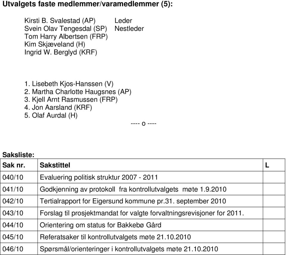 Sakstittel L 040/10 Evaluering politisk struktur 2007-2011 041/10 Godkjenning av protokoll fra kontrollutvalgets møte 1.9.2010 042/10 Tertialrapport for Eigersund kommune pr.31.