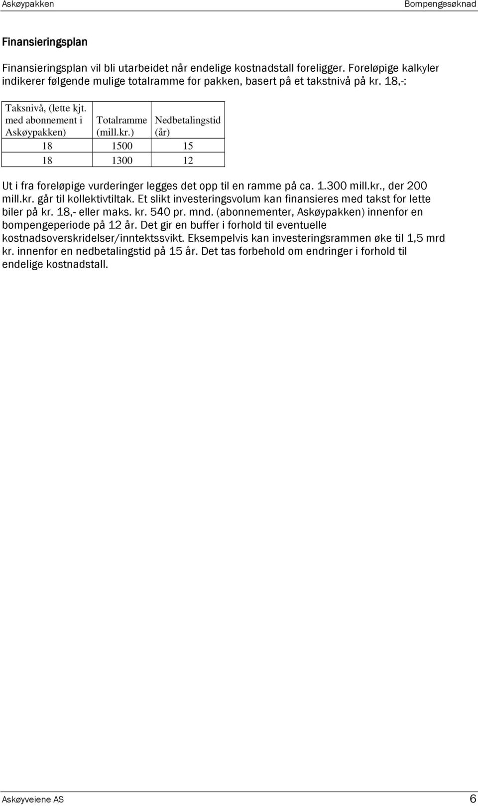 kr., der 200 mill.kr. går til kollektivtiltak. Et slikt investeringsvolum kan finansieres med takst for lette biler på kr. 18,- eller maks. kr. 540 pr. mnd.