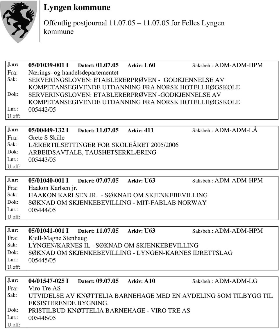 -GODKJENNELSE AV KOMPETANSEGIVENDE UTDANNING FRA NORSK HOTELLHØGSKOLE Lnr.: 005442/05 J.nr: 05/00449-132 I Datert: 11.07.05 Arkiv: 411 Saksbeh.