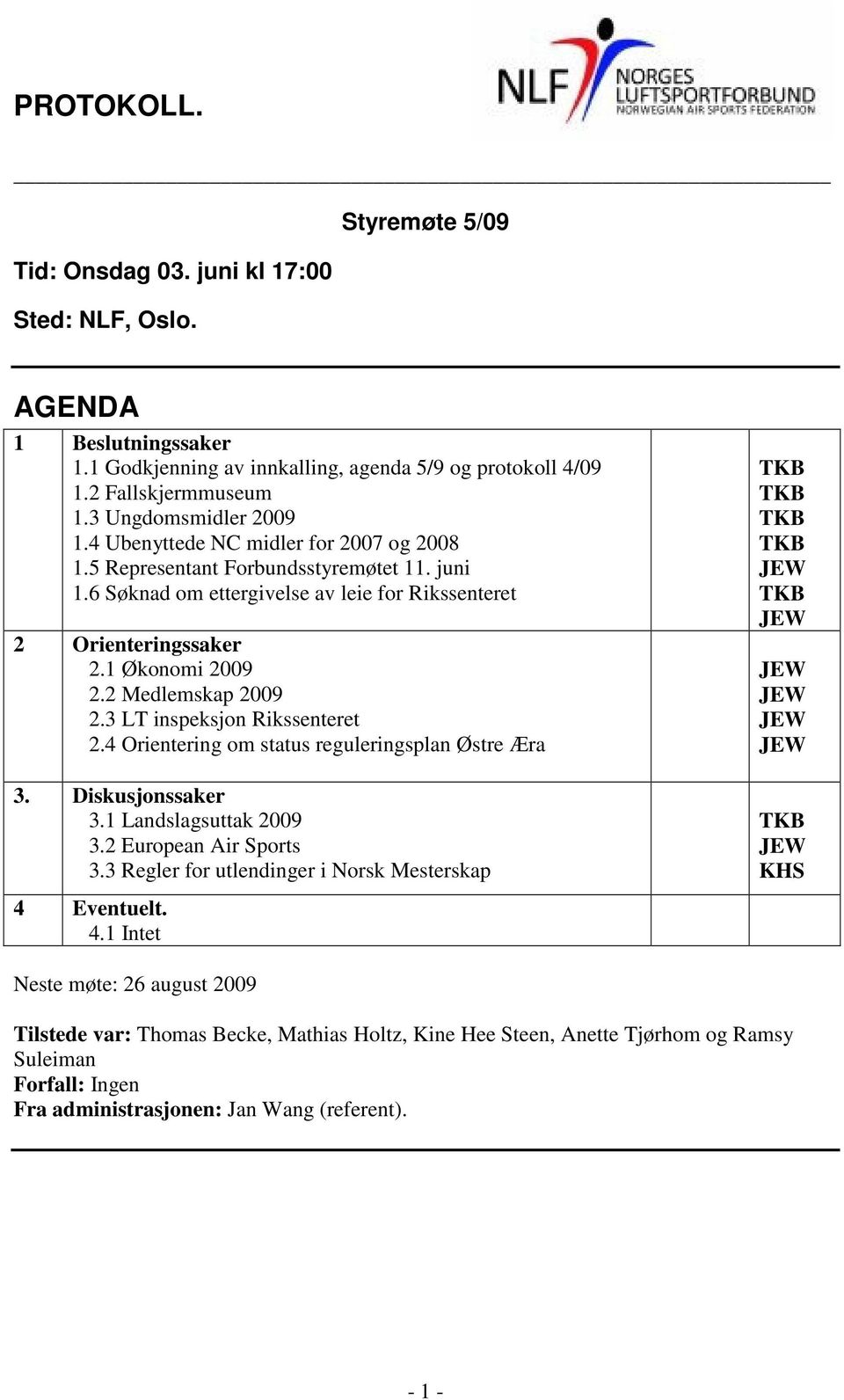 2 Medlemskap 2009 2.3 LT inspeksjon Rikssenteret 2.4 Orientering om status reguleringsplan Østre Æra 3. Diskusjonssaker 3.1 Landslagsuttak 2009 3.2 European Air Sports 3.