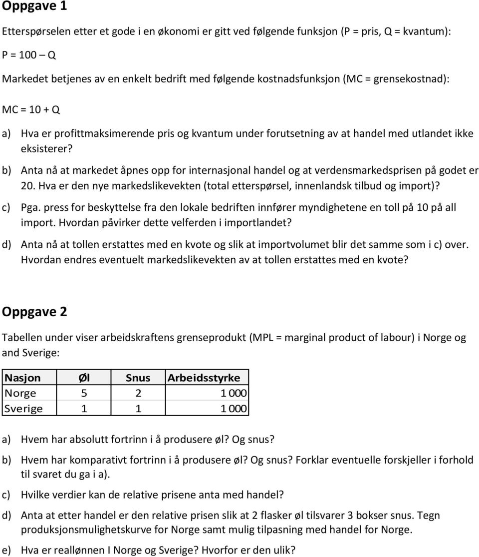 b) Anta nå at markedet åpnes opp for internasjonal handel og at verdensmarkedsprisen på godet er 20. Hva er den nye markedslikevekten (total etterspørsel, innenlandsk tilbud og import)? c) Pga.