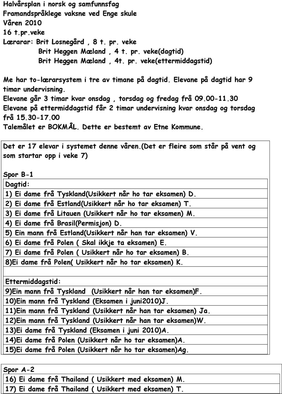 30 Elevane på ettermiddagstid får 2 timar undervisning kvar onsdag og torsdag frå 15.30-17.00 Talemålet er BOKMÅL. Dette er bestemt av Etne Kommune. Det er 17 elevar i systemet denne våren.