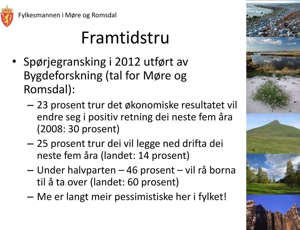 25 prosent trur dei vil legge ned drifta dei neste fem åra (landet: 14 prosent) Under halvparten 46