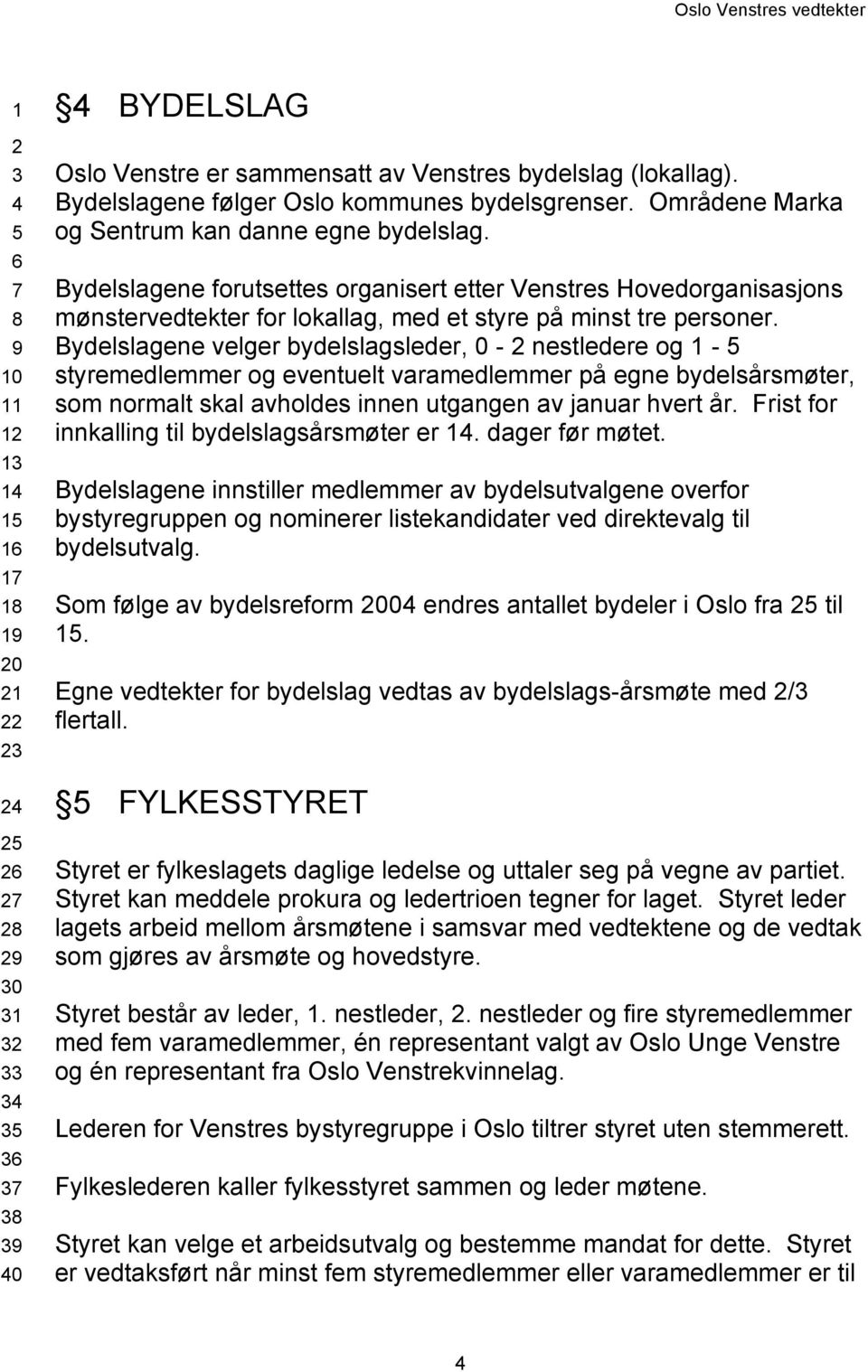 Bydelslagene forutsettes organisert etter Venstres Hovedorganisasjons mønstervedtekter for lokallag, med et styre på minst tre personer.