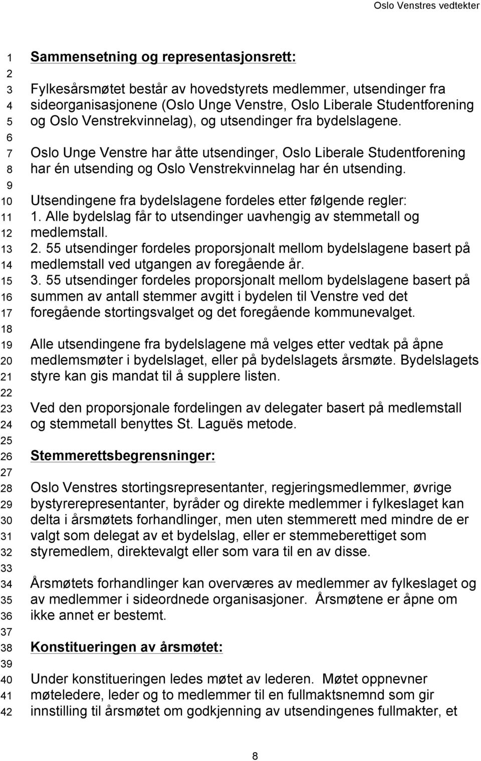 Oslo Unge Venstre har åtte utsendinger, Oslo Liberale Studentforening har én utsending og Oslo Venstrekvinnelag har én utsending. Utsendingene fra bydelslagene fordeles etter følgende regler: 1.