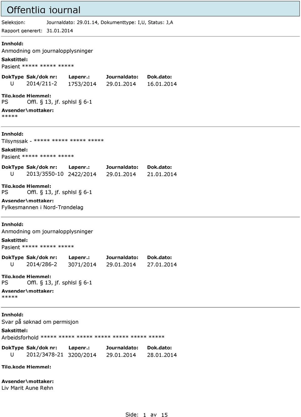 2014 Anmodning om journalopplysninger 2014/211-2 1753/2014 ***** 16.01.2014 Tilsynssak - ***** ***** ***** ***** 2013/3550-10 2422/2014 Fylkesmannen i Nord-Trøndelag 21.