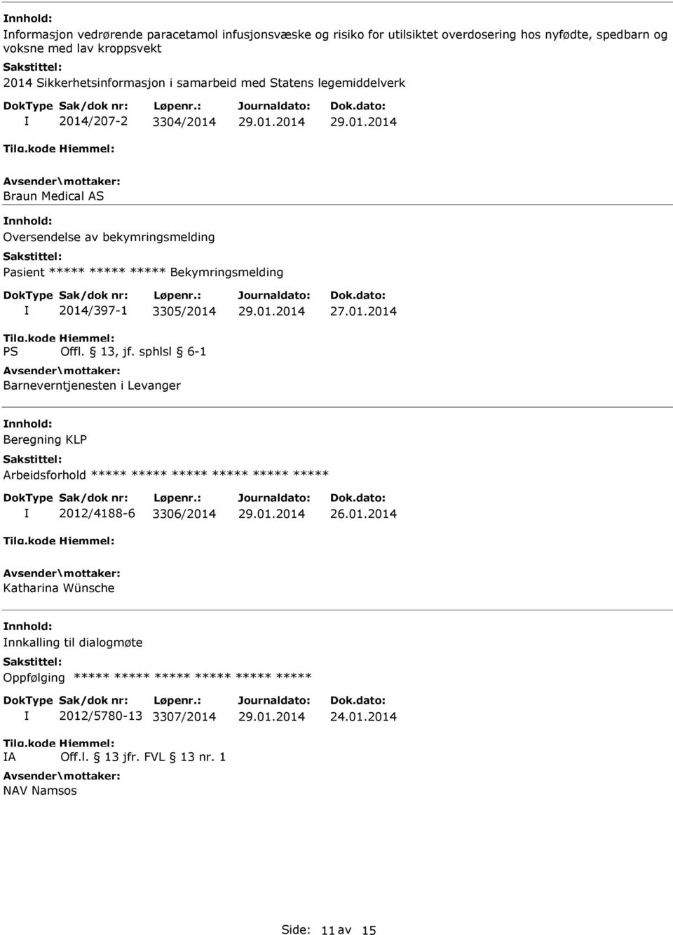 2014/397-1 3305/2014 Barneverntjenesten i Levanger Beregning KLP Arbeidsforhold ***** ***** ***** ***** ***** ***** 2012/4188-6 3306/2014 26.01.2014 Katharina Wünsche nnkalling til dialogmøte Oppfølging ***** ***** ***** ***** ***** ***** A 2012/5780-13 3307/2014 Off.