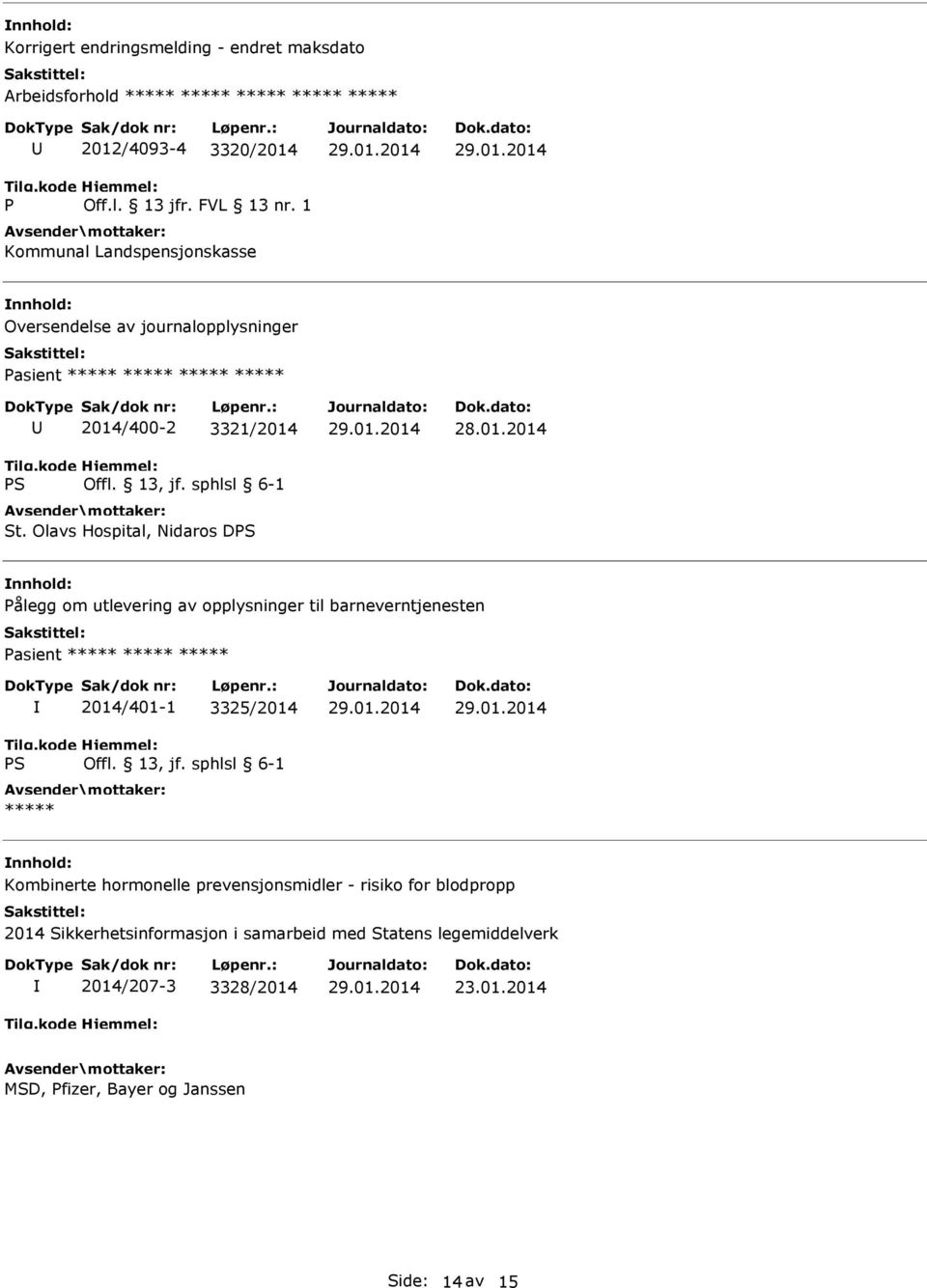 Olavs Hospital, Nidaros D Pålegg om utlevering av opplysninger til barneverntjenesten 2014/401-1 3325/2014 ***** Kombinerte hormonelle