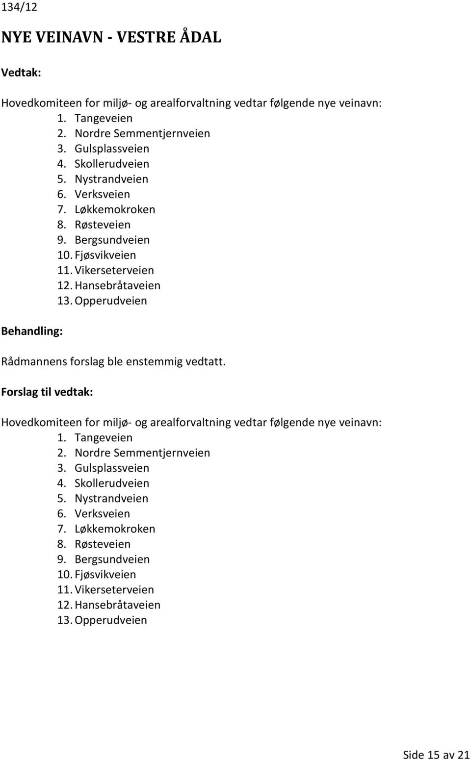 Opperudveien Rådmannens forslag ble enstemmig vedtatt. 1. Tangeveien 2. Nordre Semmentjernveien 3. Gulsplassveien 4. Skollerudveien 5.