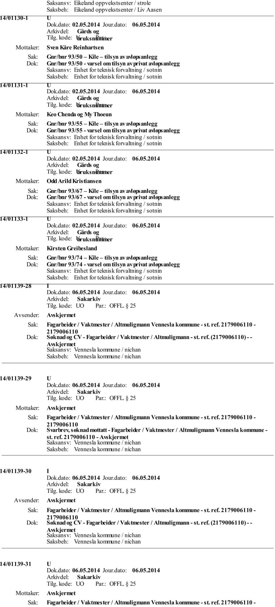 Gnr/bnr 93/55 - varsel om tilsyn av privat avløpsanlegg Saksansv: Enhet for teknisk forvaltning / sotnin Saksbeh: Enhet for teknisk forvaltning / sotnin 14/01132-1 U Odd Arild Kristiansen Gnr/bnr