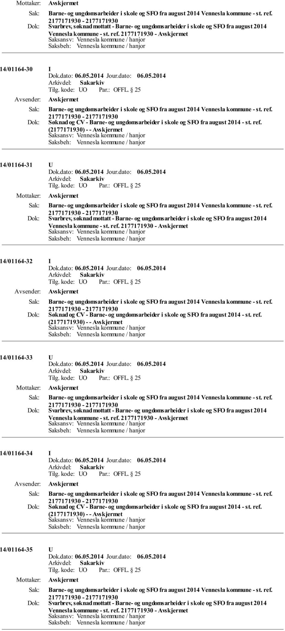 kode: UO OFFL. 25 Barne- og ungdomsarbeider i skole og SFO fra august 2014 Vennesla kommune - st. ref.