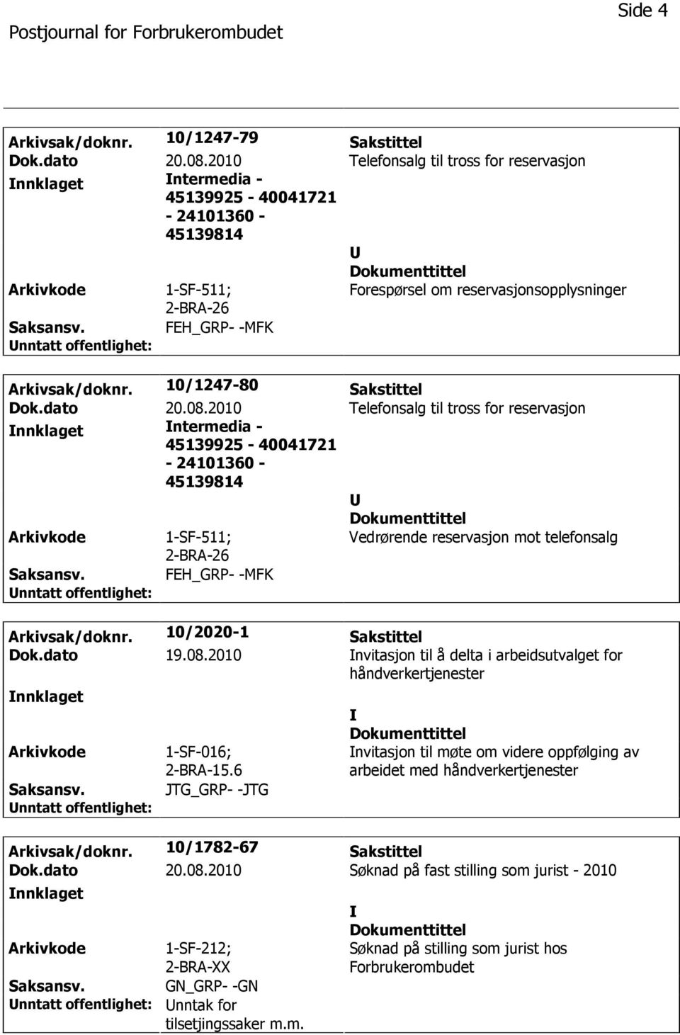 10/1247-80 Sakstittel Dok.dato 20.08.2010 Telefonsalg til tross for reservasjon nnklaget ntermedia - 45139925-40041721 - 24101360-45139814 2-BRA-26 Vedrørende reservasjon mot telefonsalg Saksansv.