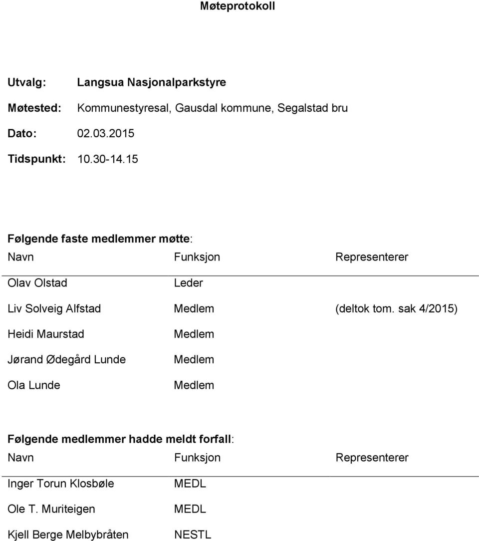 15 Følgende faste medlemmer møtte: Navn Funksjon Representerer Olav Olstad Leder Liv Solveig Alfstad Medlem (deltok tom.