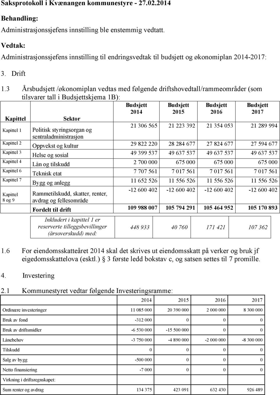 3 Årsbudsjett /økonomiplan vedtas med følgende driftshovedtall/rammeområder (som tilsvarer tall i skjema 1B): 1 2 3 4 6 7 8 og 9 Sektor Politisk styringsorgan og sentraladministrasjon 2015 2016 2017