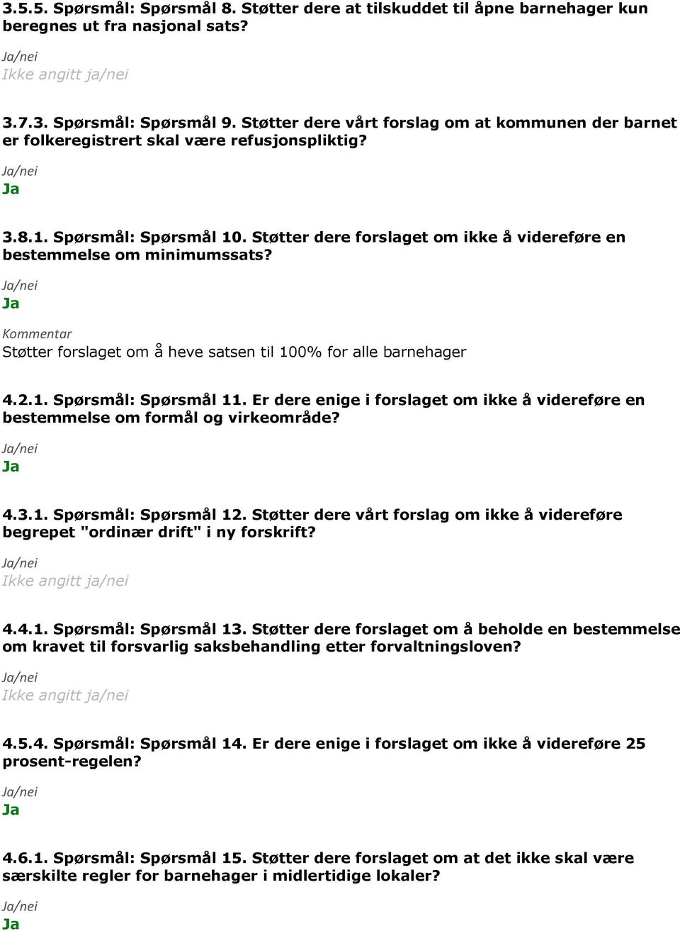 Støtter dere forslaget om ikke å videreføre en bestemmelse om minimumssats? Kommentar Støtter forslaget om å heve satsen til 100% for alle barnehager 4.2.1. Spørsmål: Spørsmål 11.