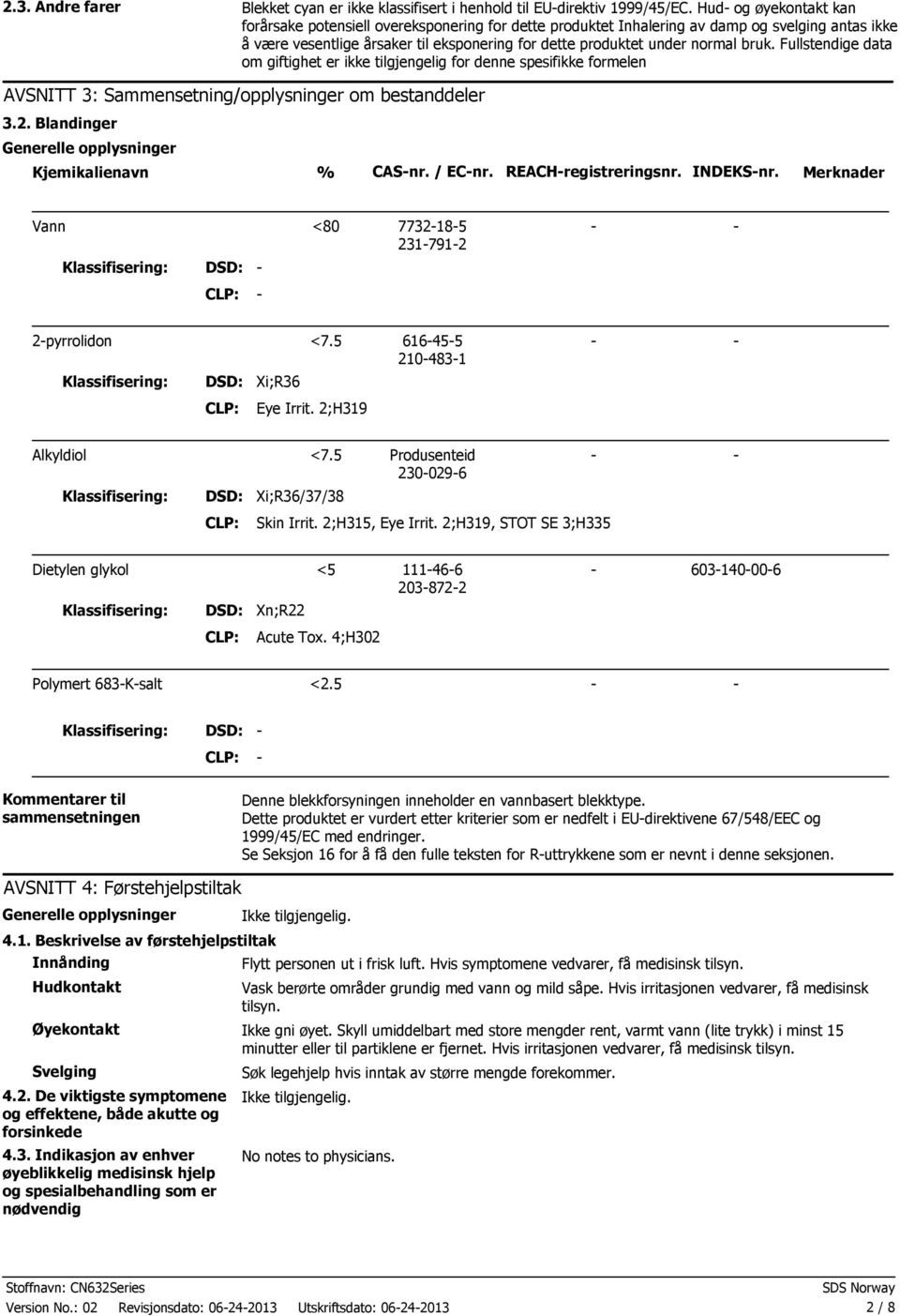 bruk. Fullstendige data om giftighet er ikke tilgjengelig for denne spesifikke formelen AVSNITT 3: Sammensetning/opplysninger om bestanddeler 3.2.