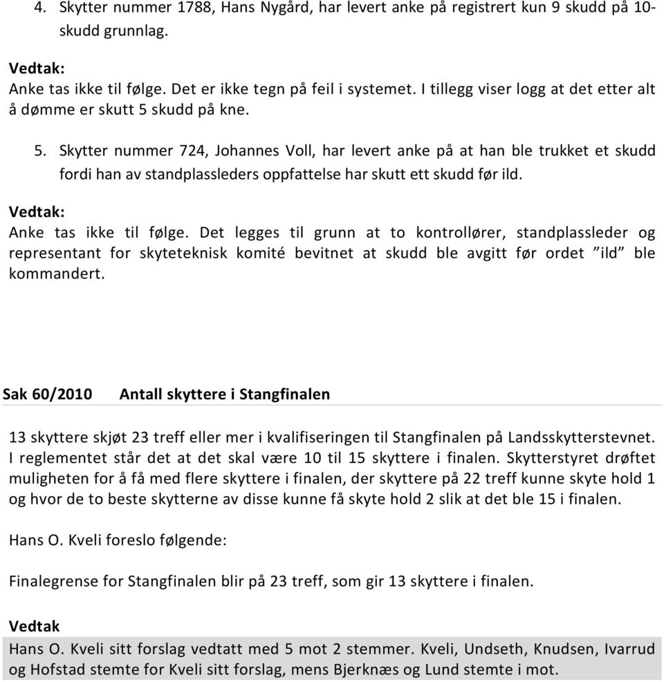 skudd på kne. 5. Skytter nummer 724, Johannes Voll, har levert anke på at han ble trukket et skudd fordi han av standplassleders oppfattelse har skutt ett skudd før ild. : Anke tas ikke til følge.