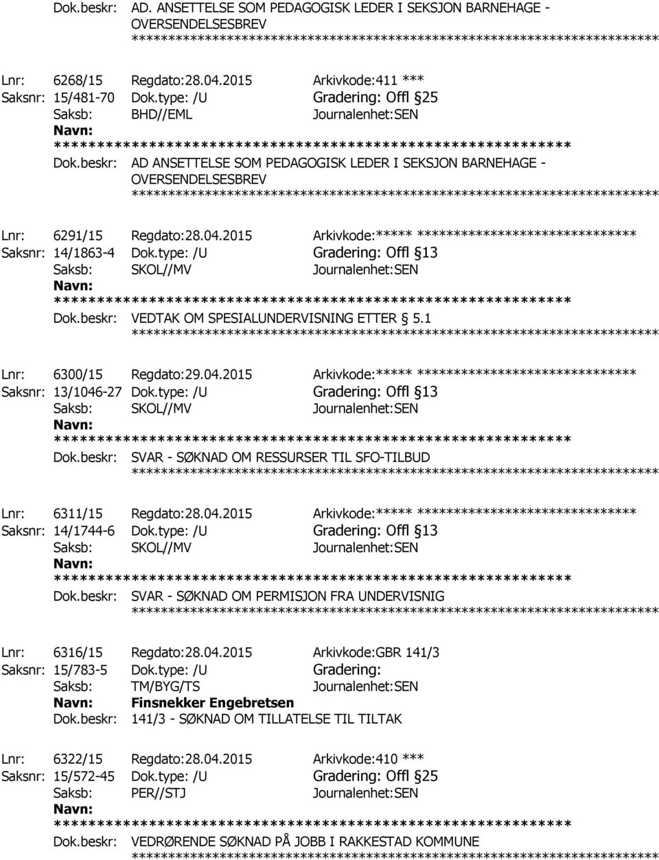 2015 Arkivkode:***** ****************************** Saksnr: 14/1863-4 Dok.type: /U Gradering: Offl 13 Saksb: SKOL//MV Journalenhet:SEN Dok.beskr: VEDTAK OM SPESIALUNDERVISNING ETTER 5.