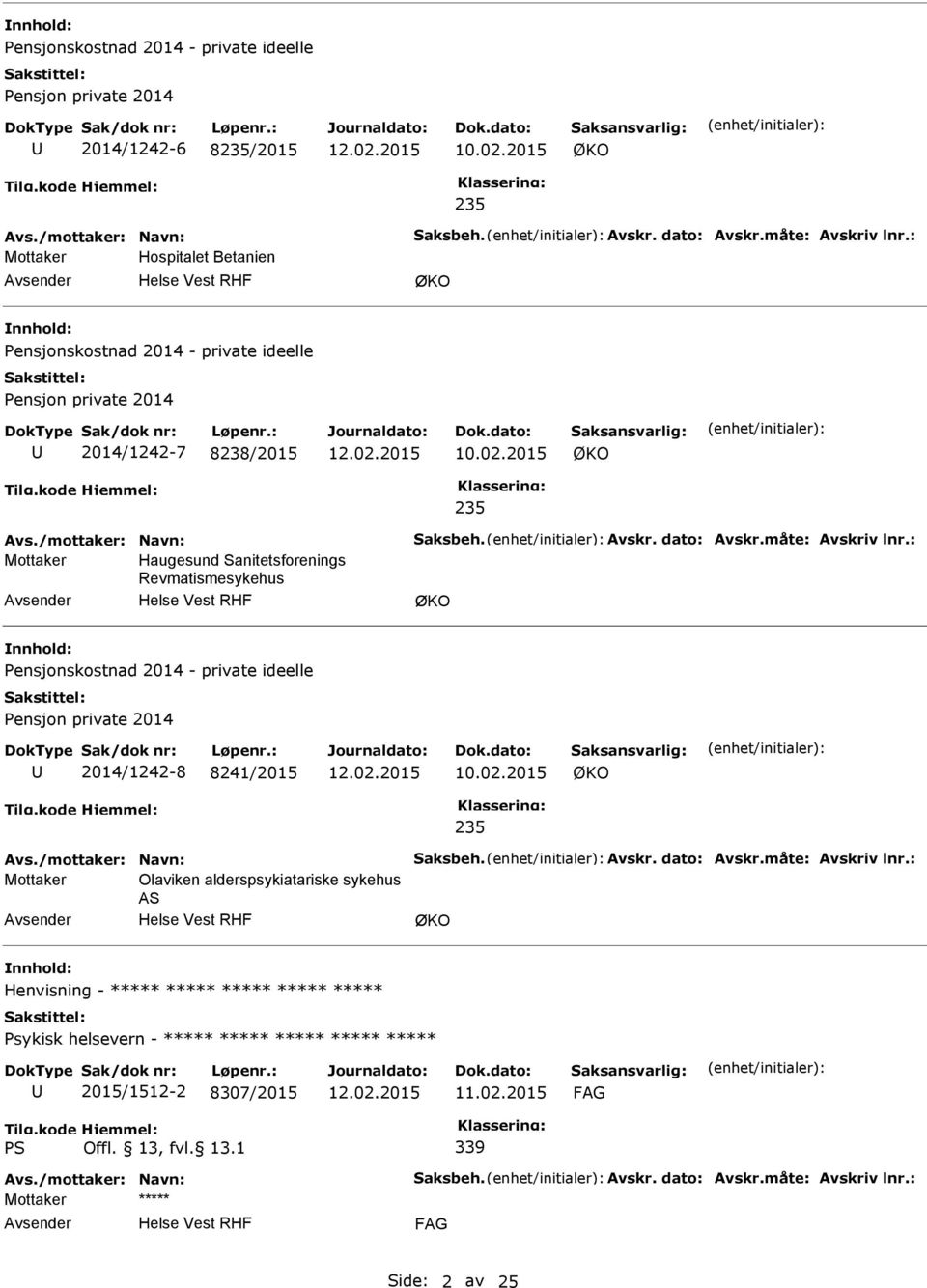 2015 ØKO 235 Mottaker Haugesund Sanitetsforenings Revmatismesykehus ØKO Pensjonskostnad 2014 - private ideelle Pensjon private 2014 2014/1242-8 8241/2015 10.02.