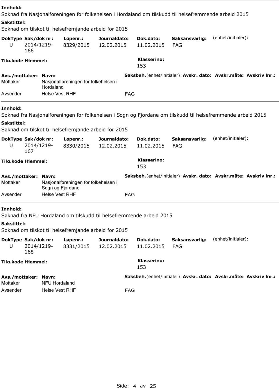 Fjordane om tilskudd til helsefremmende arbeid 2015 167 8330/2015 Mottaker Nasjonalforeningen for folkehelsen i Sogn