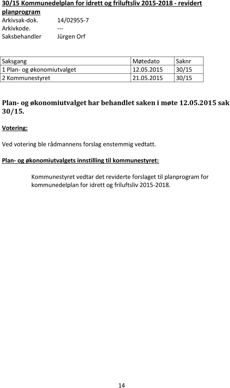 2015 30/15 2 Kommunestyret 21.05.2015 30/15 Plan- og økonomiutvalget har behandlet saken i møte 12.05.2015 sak 30/15.